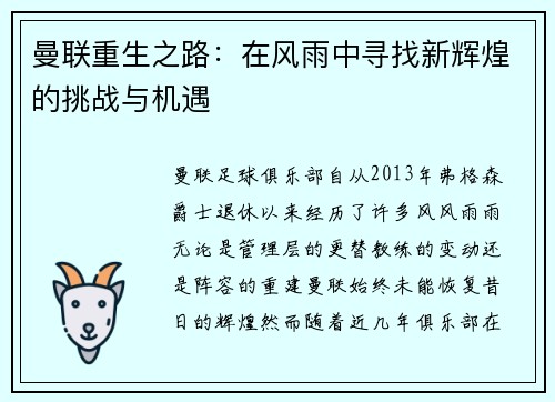 曼联重生之路：在风雨中寻找新辉煌的挑战与机遇