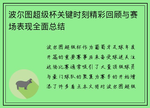 波尔图超级杯关键时刻精彩回顾与赛场表现全面总结 波尔图超级杯关键时刻精彩回顾与赛场表现全面总结